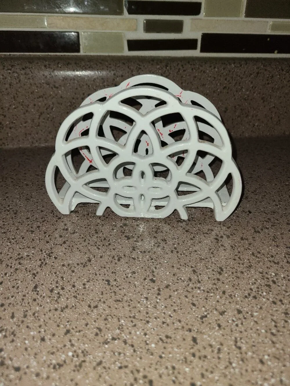VTG Cast Iron Heavy Napkin or Letter Openwork Holder Celtic /Tree Of Life White